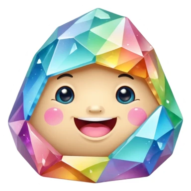 A single pastel rainbow crystal rock character, chubby and heavy with a chunky, irregular polygon shape,covered in faceted crystal planes and small chips, big glossy rainbow eyes and a small smiling mout sticker