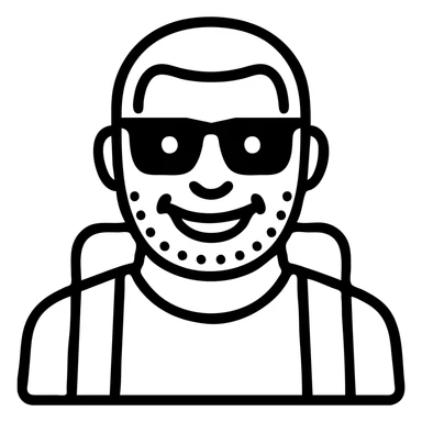 Make the bold man smile, keep the flat icon outline style, squared dark glasses, blue eyes, traveler vibe. sticker