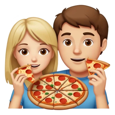 A guy eating a pizza with his girlfriend who is in the e bathroom sticker