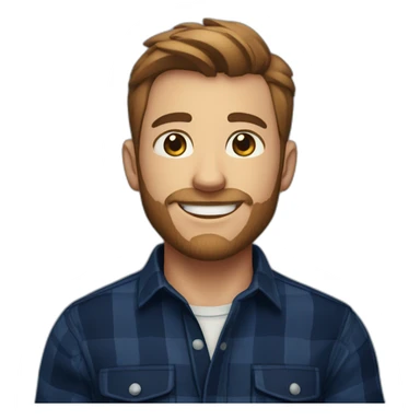 A young man with a well-defined light beard, neatly trimmed short brown hair, exuding confidence, clad in a navy blue checked flannel shirt. sticker