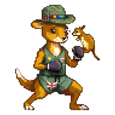 a man in an Australian hat boxing with a kangaroo sticker