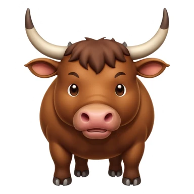 An adorable full-body 3d brown bull with large and exaggerated features in the shape of a ball. Make the background white sticker