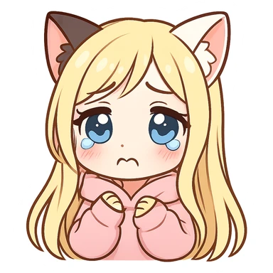 extra cute, extra chibi anime catgirl Twitch emote, one black cat ear and one white cat ear, blonde extremely long hair, blue eyes, white skin, pastel pink hoodie, sad expression, no background sticker