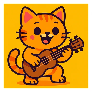 a cute cat playing a ukulele, vibrant cartoon style sticker