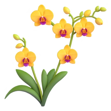 Realistic single orchid stem with multiple flowers arranged along one elegant arching stalk with green leaves sticker
