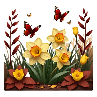 Golden daffodils bloom among deep brown-red leaves, while delicate brown butterflies flutter nearby. Warm sunlight casts a vintage glow over the scene. sticker