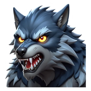cinematic-noble-fierce-werewolf-head-close-up-emoji, poised-and-imposing, with a fierce wolfish face featuring glowing eyes full of primal ferocity, sharp, elongated fangs and a rugged snout, fur rippling in shades of midnight black and silver, muscles tensed and hunched over in an intense, threatening stance; rendered with realism, capturing the raw, untamed power of the beast beneath the moonlit sky sticker