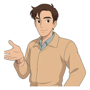 Make the man just a little bit skinnier, but keep his original handsome face, hairstyle, and friendly expression in Ghibli style. Remove the background. sticker