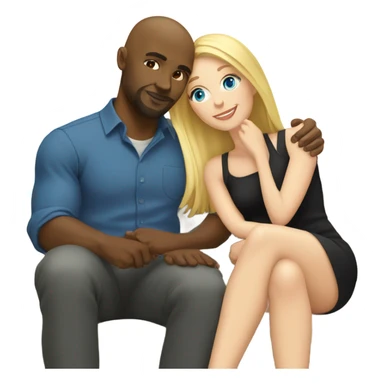 Blonde woman with blue eyes and long straight hair and black man who is bald with a goatee seated together on a sofa enjoying a passionate embrace.   sticker