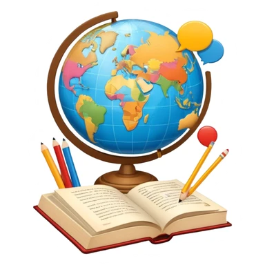 An icon featuring a globe with speech bubbles in different languages, symbolizing the study of foreign languages. The design includes a book and a pencil, representing learning and communication across cultures. Transparent background highlights the global nature of language education. sticker