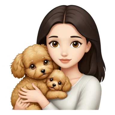 beautiful woman with dark long straight hair and brown eyes hugs a golden maltipoo sticker