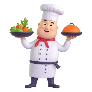 chef character holding frying pan tossing vegetables, wearing chef hat, cheerful expression sticker