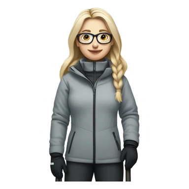 slightly chubby full female skier with long straight blonde hair, glasses, grey snow jacket, black pants and black skis. no poles. show full body front on without braids in hair. sticker