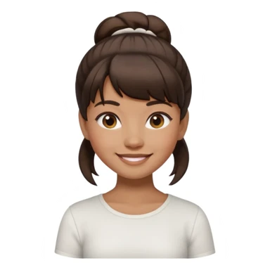 In Apple Memoji format, a girl with dark brown hair. She has bangs and her hair is in a singular high bun. The girl is arab and has light brown skin. She is wearing a white shirt sticker