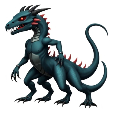 Shiny Dark Edgy  Salandit-Inteleon-Amaura-Fakémon-hybrid-creature (full body) with a horned animal-skull-mask sticker