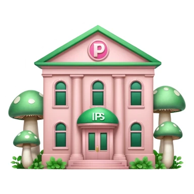 Pale Pink and green cute bank building, mushrooms growing around it , clean aesthetic, two PP letters on it sticker