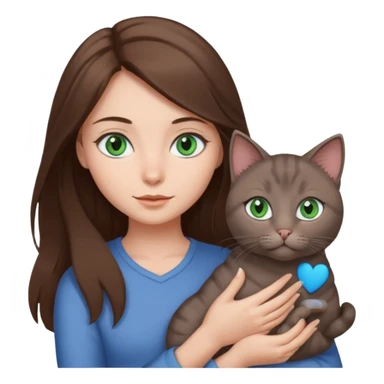 a girl with loose brown hair and blue eyes, holding a gray cat with green eyes sticker