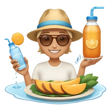 A person in the sun, with a plate of whole foods, water bottle, and glowing bed behind them. Nearby, smiling friends gather—symbolizing balance, healing, and connection through simple daily rituals. sticker