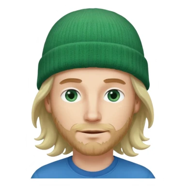 white man, mid thirties, blue eyes, mid length wavy hair, green beanie hat sticker