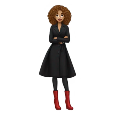 a woman with a long black dress, red boots, black coat, red bag, gold jewelry, curly hair, blue eyes sticker