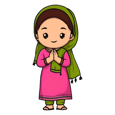 girl with light wheatish skin, dark brown hair, wearing dark pink kurti with sage green dupatta on head sticker