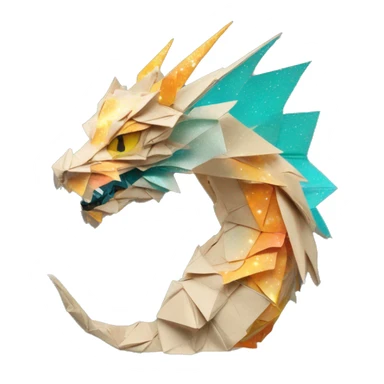 Sparkling patterned Beige Origami dragon with a dried flower crown made of newspapers intricate patterns surrounded by fairy lights nebula galaxy stars swirls iridescent orange cyan yellow sticker
