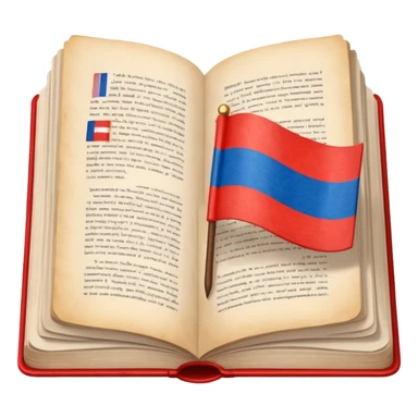 Open book showing Cyrillic text with a small Russian flag bookmark sticker