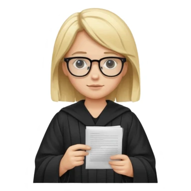 Young judge, blonde hair with glasses and robe, hold a paper sticker