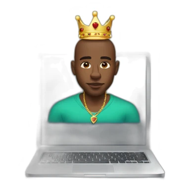 black man wearing crown behind laptop with pitbull on lap sticker