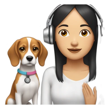 A woman with black long hair, doing yoga next to a beagle with headphones sticker