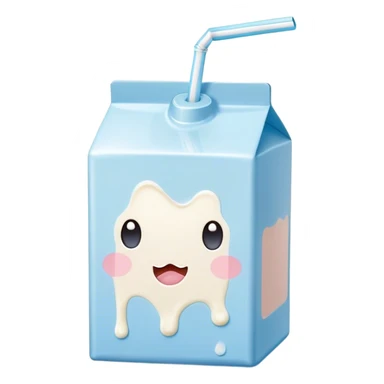 Cute Kawaii Milk Carton, small and boxy, bright pastel blue and white, blushing cheeks, a tiny straw poking out, soft glowing highlights, adorable farm-fresh cuteness! sticker