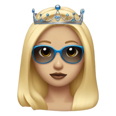 Girl with long blonde hair, blue eyes, sunglasses that cover her eyes and cherry lipstick and a crown sticker