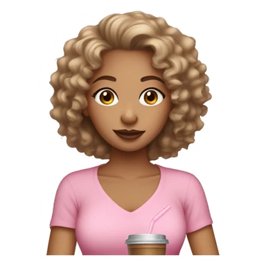 Light skin girl with curly hair wearing a pink shirt drinking iced coffee sticker