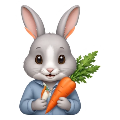 Gray rabbit holding carrot, cute smile, half body sticker