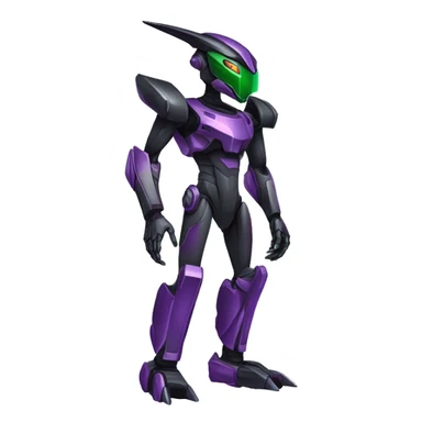 a shiny black-green-purple Genesect-Raptor-Fakémon-Medabot-hybrid with a futuristic visor-helmet full body sticker