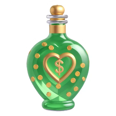 3D heart-shaped bottle with diamond effect, main color luxurious #c0ff53 green, many gold details, inside money motif (euros), very luxurious sticker