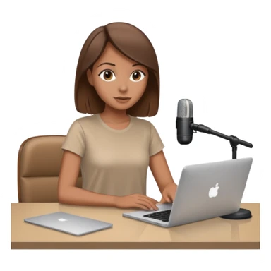 tanned brown hair woman, sat at desk with MacBook, podcast microphone bleige top and beige, sexy, glass table sticker