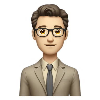 Full height Pale skinned fit man with dark brown hair in gray jacket, beige office shirt, brown tie, brown pants and vintage glasses. His right hand stretched out sticker