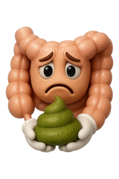 emoji stile iphone 3d di un intestino con espressione triste con cacca verde e liquida in mano , iperrealistiche 4k sticker