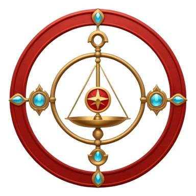 A circular casting sigil inspired by the Wizard101 Balance School, featuring ancient alchemical and arcane motifs. The base color is sand, with red trim accents. At the center is a golden balance scale as the primary focal symbol. sticker