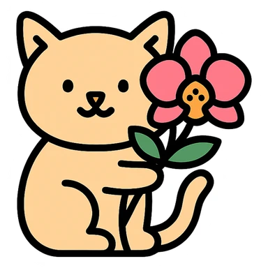 cat holding a spring orchid, lineal color icon with black outlines sticker