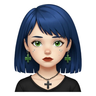 “Make an emoji of a girl with freckles on her cheeks, dark blue hair, greenish-brown eyes (more on the green side), black clothes, medium-sized lips, side curtain bangs, a punk cross necklace, and an Affliction shirt. sticker