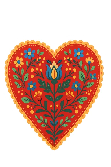 red heart with Scandinavian folk art nature motif, bright folk colors, intricate floral and leaf patterns, symmetrical, border around heart sticker