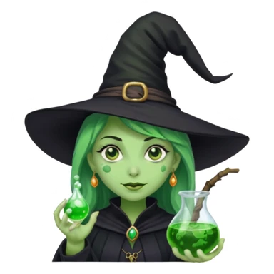Witch with Green Skin – long-nosed witch in black hat holding potion sticker