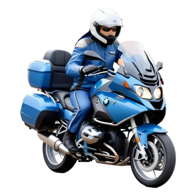 blue BMW RT1200 touring motorcycle with rider on open road sticker