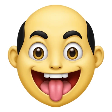 Freaky yellow face emoji smiling really big with huge tongue out and eyes wide open. Tongue should is wagging back and forth. Give him a head of black hair sticker