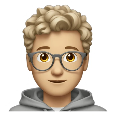 young white guy with medium wavy hair and a fade in light brown color and round silver color glasses with a grey hoodie on sticker