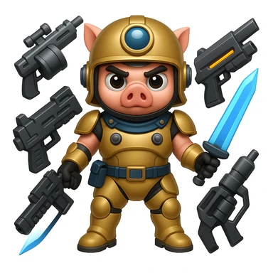 Add more sci-fi weapons to the pig Helldiver, such as futuristic rifles, energy swords, or grenade launchers, in the style of emoji (apple style emojis). sticker