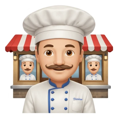 Est-ce que tu peux me faire un chef cuistot qui ressemble à Philippe Etchebest et qui est devant un restaurant? Est-ce que tu peux le faire souriant, avec une moustache de cuistot? 
 sticker