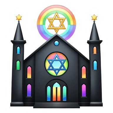 jewish synagogue temple in dark goth aesthetic style with black building and light rainbow tint glass windows and star of david and celestial symbolism sticker